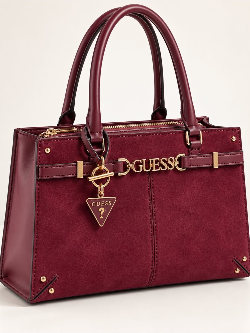 GUESS Wine Red Suede and Leather Top-Handle Satchel